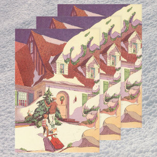 Vintage Christmas, Family House in the Snow Wrapping Paper Sheet