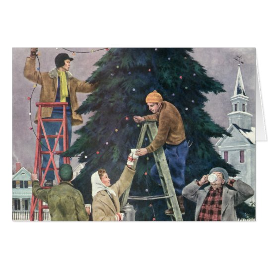Vintage Christmas, Family Stringing Lights on Tree Card