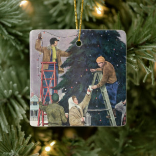 Vintage Christmas, Family Stringing Lights on Tree Ceramic Tree Decoration