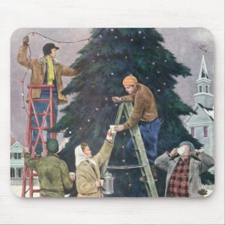 Vintage Christmas, Family Stringing Lights on Tree Mouse Mat