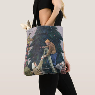 Vintage Christmas, Family Stringing Lights on Tree Tote Bag