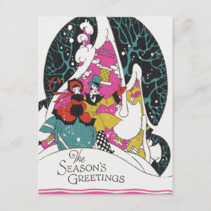 Vintage Christmas, Fancy Victorian Town People Holiday Postcard