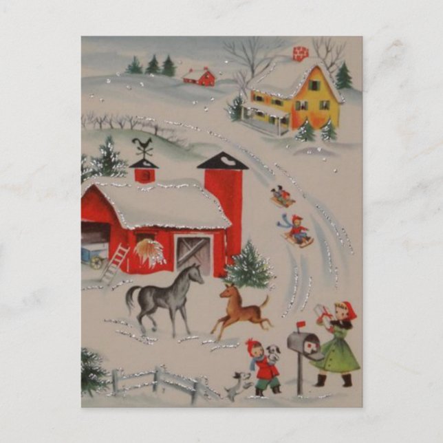 Vintage Christmas farm holiday postcard (Front)