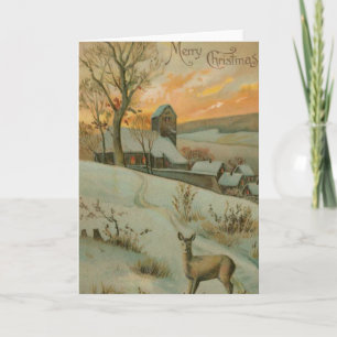 Vintage Christmas Farm with Deer Holiday Card