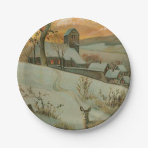 Vintage Christmas Farm with Deer Paper Plate
