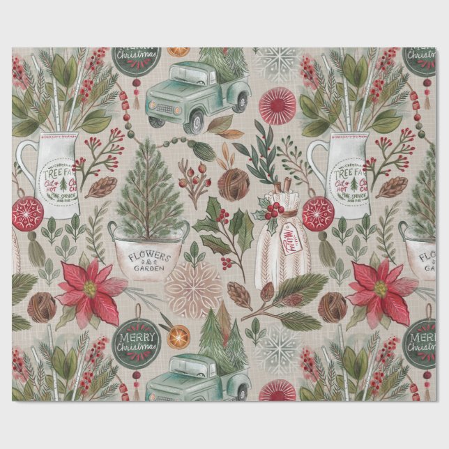 Vintage Christmas Farmhouse Pattern Wrapping Paper (Flat)