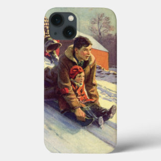 Vintage Christmas, Father and Daughter Sledding iPhone 13 Case