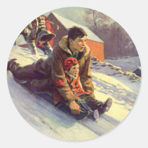 Vintage Christmas, Father and Daughter Sledding Classic Round Sticker