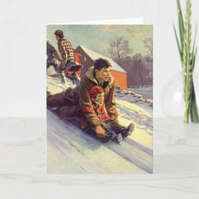 Vintage Christmas, Father and Daughter Sledding Holiday Card (Front)