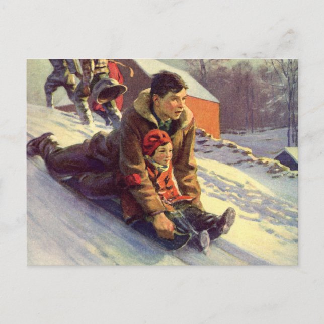 Vintage Christmas, Father and Daughter Sledding Holiday Postcard (Front)