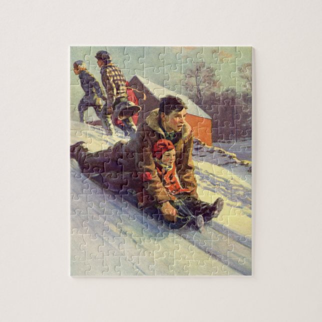 Vintage Christmas, Father and Daughter Sledding Jigsaw Puzzle (Vertical)