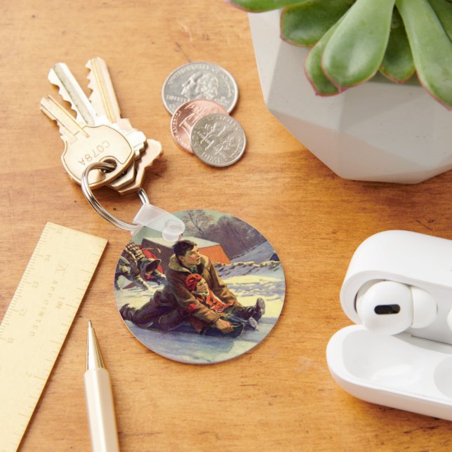 Vintage Christmas, Father and Daughter Sledding Key Ring (Desk)