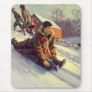 Vintage Christmas, Father and Daughter Sledding Mouse Mat
