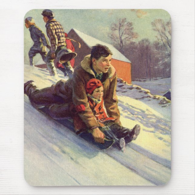 Vintage Christmas, Father and Daughter Sledding Mouse Mat (Front)
