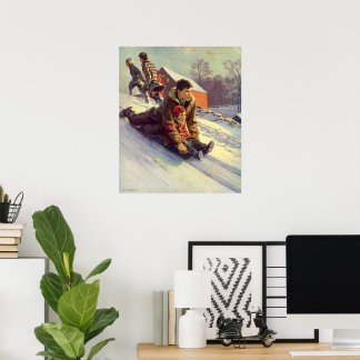 Vintage Christmas, Father and Daughter Sledding Poster