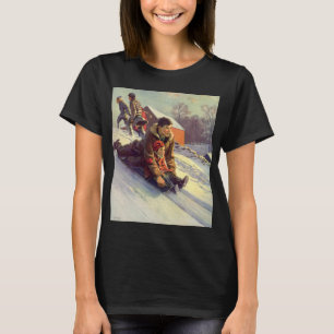 Vintage Christmas, Father and Daughter Sledding T-Shirt