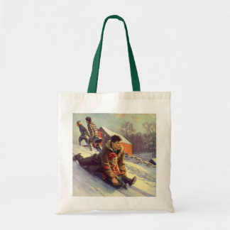 Vintage Christmas, Father and Daughter Sledding Tote Bag