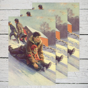 Vintage Christmas, Father and Daughter Sledding Wrapping Paper Sheet