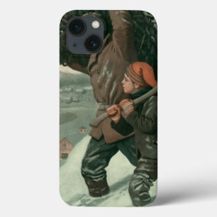 Vintage Christmas, Father and Son Cut Down a Tree iPhone 13 Case