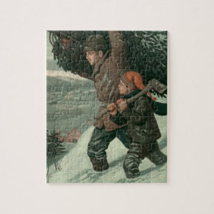 Vintage Christmas, Father and Son Cut Down a Tree Jigsaw Puzzle