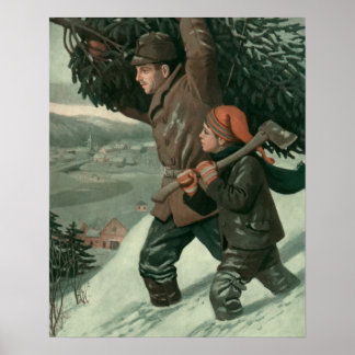 Vintage Christmas, Father and Son Cut Down a Tree Poster