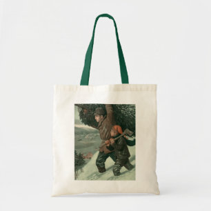 Vintage Christmas, Father and Son Cut Down a Tree Tote Bag