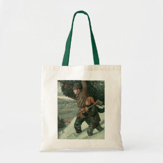 Vintage Christmas, Father and Son Cut Down a Tree Tote Bag