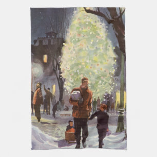 Vintage Christmas, Father Shopping with the Kids Tea Towel