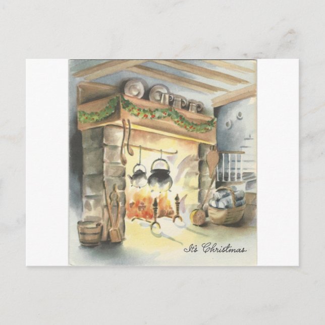 Vintage Christmas Fireplace Holiday Postcard (Front)