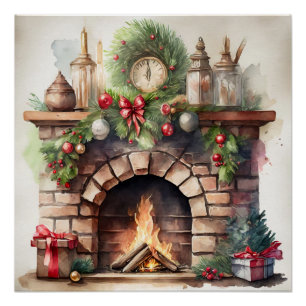 Vintage Christmas Fireplace with Decorations 