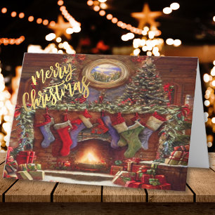 Vintage Christmas Fireplace with Stockings Holiday Card