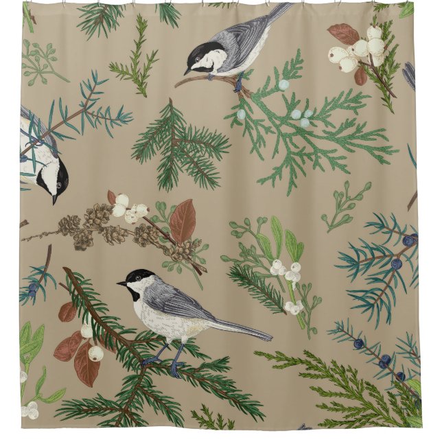 Vintage Christmas: Floral Juniper Mistletoe. Shower Curtain (Front)