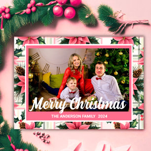 Vintage Christmas Floral Plaid Merry Christmas Holiday Card