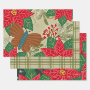 Vintage Christmas Floral Pointsettia Wrapping Paper Sheet
