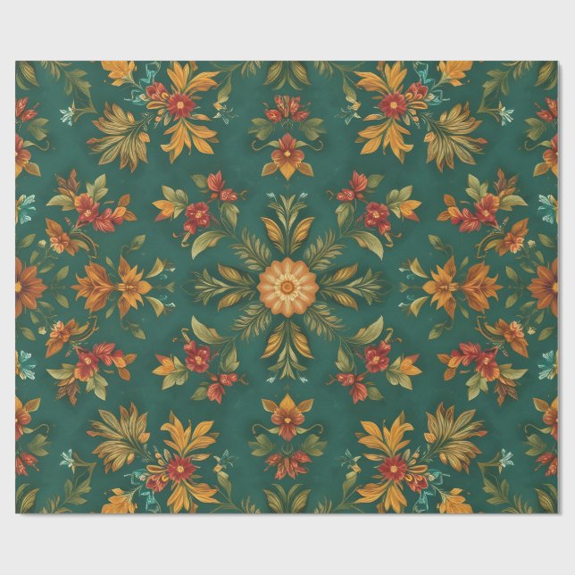 Vintage Christmas Floral Seamless Wrapping Paper (Flat)