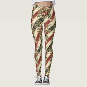 Vintage Christmas Floral Striped (1) Leggings