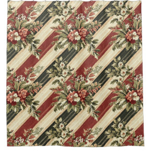 Vintage Christmas Floral Striped (1) Shower Curtain