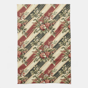 Vintage Christmas Floral Striped (1) Tea Towel