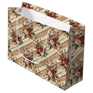 Vintage Christmas Floral Striped (2) Large Gift Bag