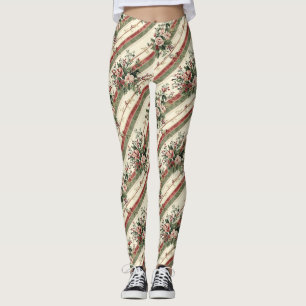 Vintage Christmas Floral Striped (3) Leggings