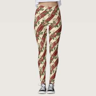 Vintage Christmas Floral Striped (5) Leggings