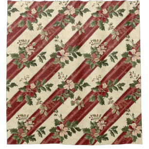 Vintage Christmas Floral Striped (5) Shower Curtain