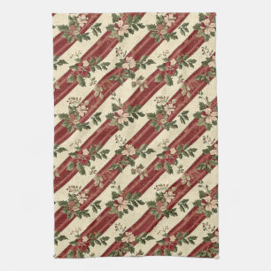 Vintage Christmas Floral Striped (5) Tea Towel