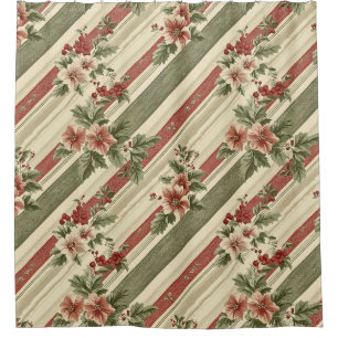 Vintage Christmas Floral Striped (6) Shower Curtain