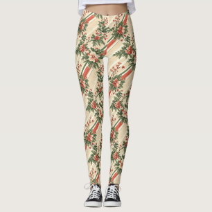 Vintage Christmas Floral Striped (9) Leggings