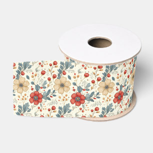 Vintage Christmas Floral with Holly & Red Berries Grosgrain Ribbon