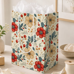 Vintage Christmas Floral with Holly & Red Berries Medium Gift Bag