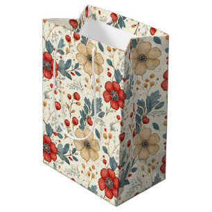 Vintage Christmas Floral with Holly & Red Berries  Medium Gift Bag