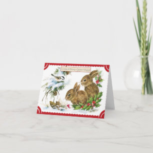 Vintage Christmas Forest Bunnies and Bird Nature Card