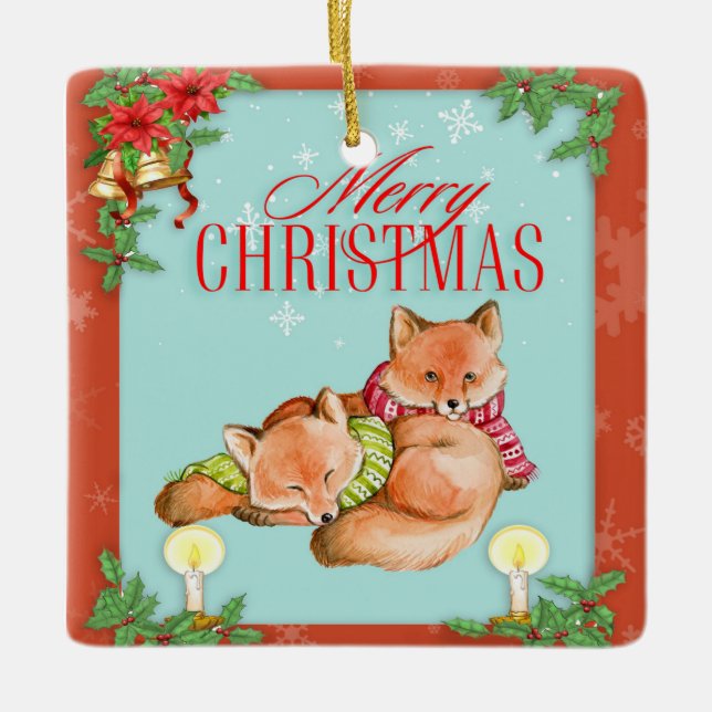 Vintage Christmas Fox Ceramic Ornament (Front)